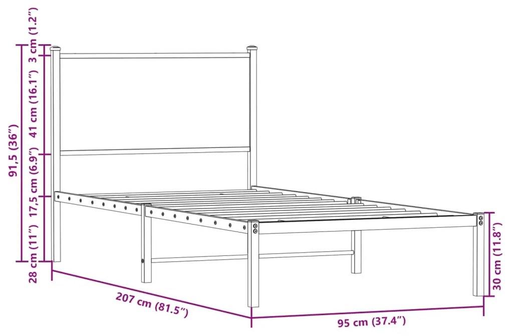 sonoma tölgy színű fém ágykeret matrac nélkül 90 x 200 cm