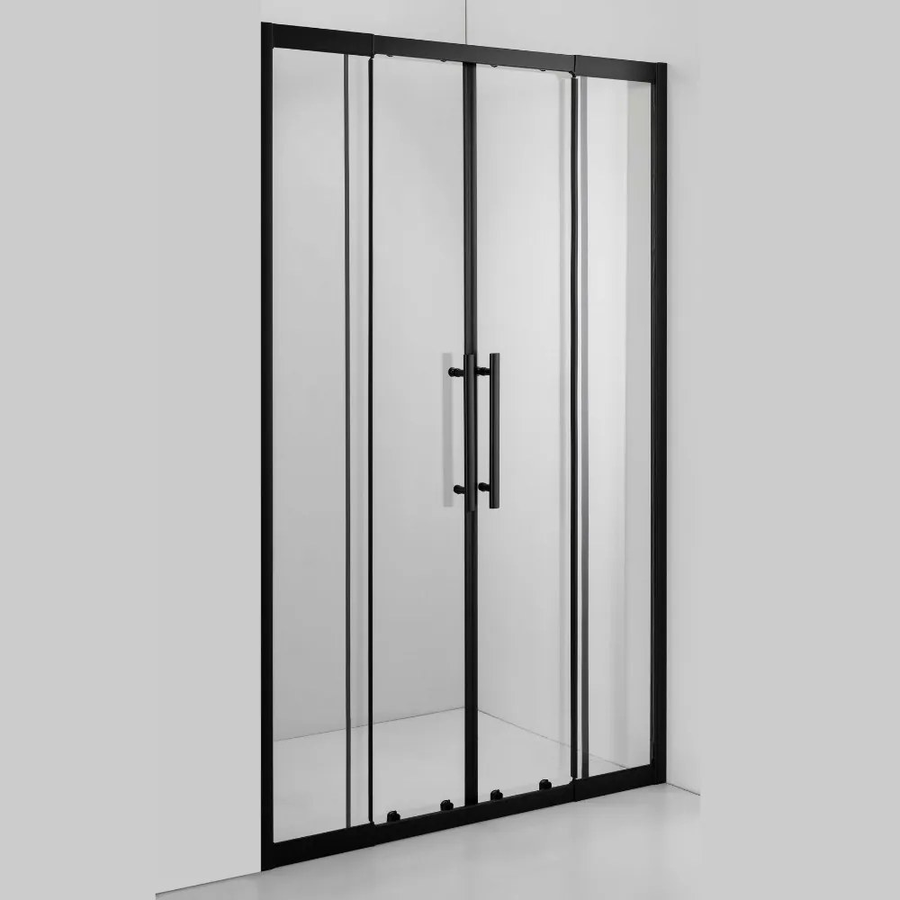 Stuxi Sydney Black 160 cm széles két tolóajtós zuhanyajtó 6 mm vastag vízlepergető biztonsági üveggel, fekete elemekkel, 200 cm magas
