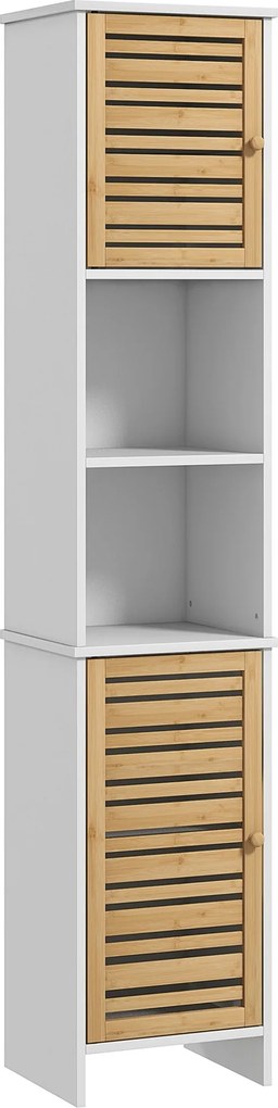 HOMCOM Modern Fürdőszobai Oszlopos Magas Fürdőszobaszekrény Állítható Polcokkal és Stabilitást Növelő Bambusz Ajtóval 35x30x170 cm Fehér és Természete