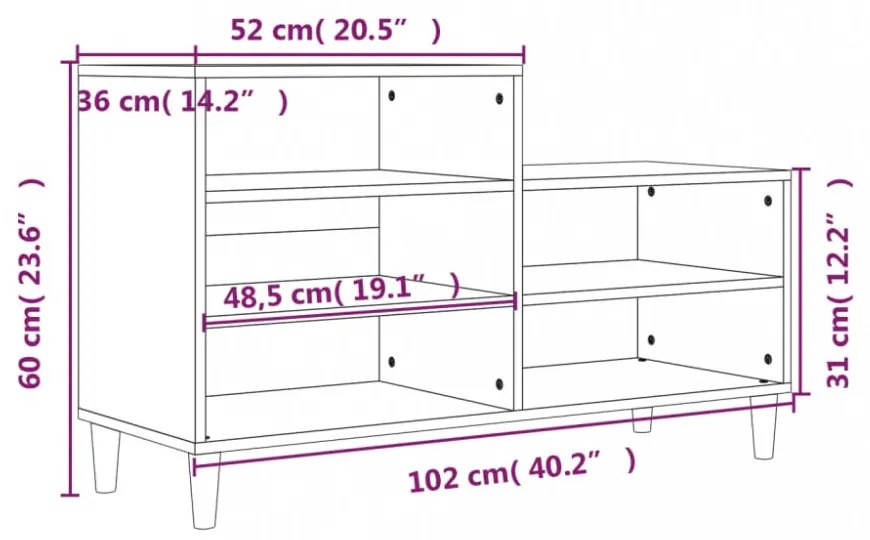 füstös tölgy színű szerelt fa cipősszekrény 102 x 36 x 60 cm