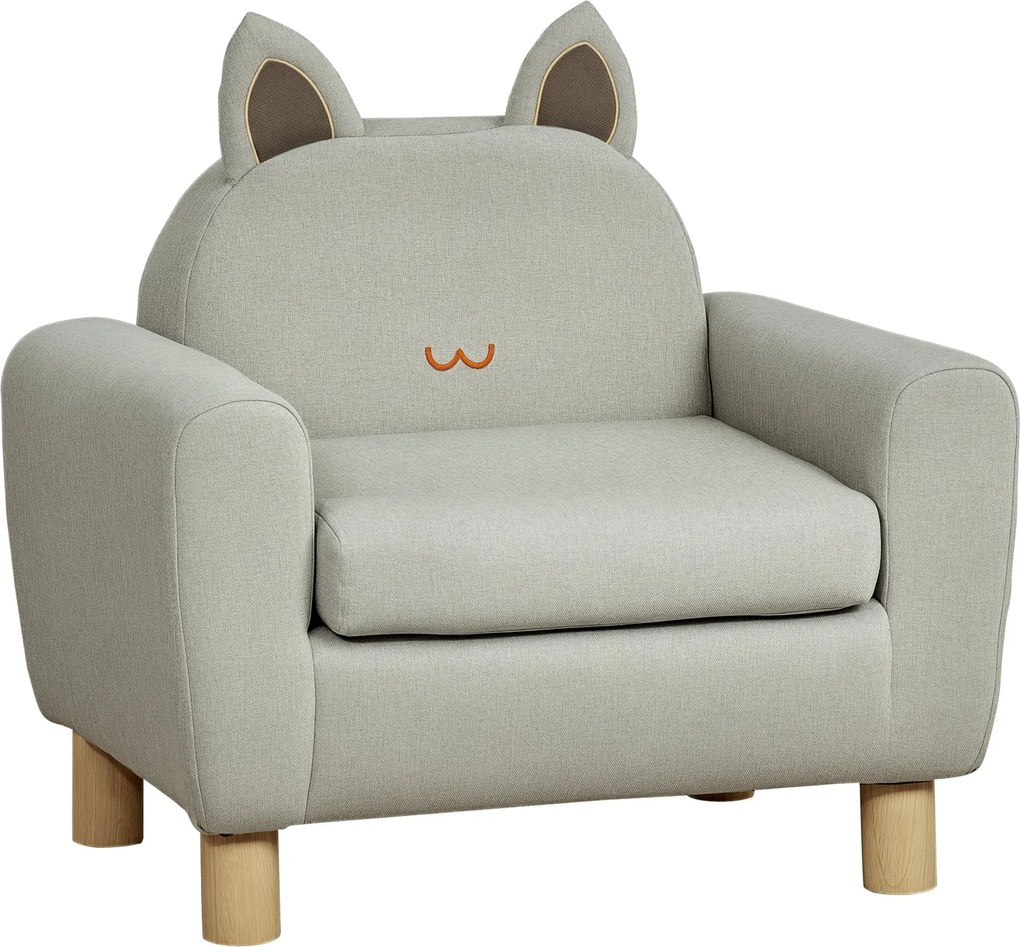 HOMCOM Gyermek Karosszék Mini Kanapé +3 Éveseknek Párnázott Üléssel, Karfákkal, Tároló Zsebbel és Fa Kivitel 45 kg Teherbírással 61x42x53 cm Szürke |