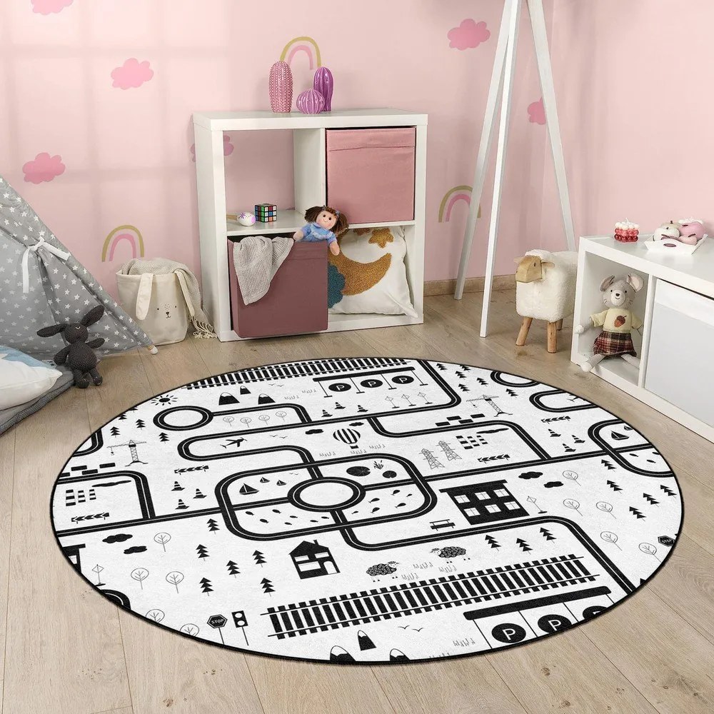 Fekete-fehér mosható gyerek játszószőnyeg ø120 cm In My Town – Mila Home