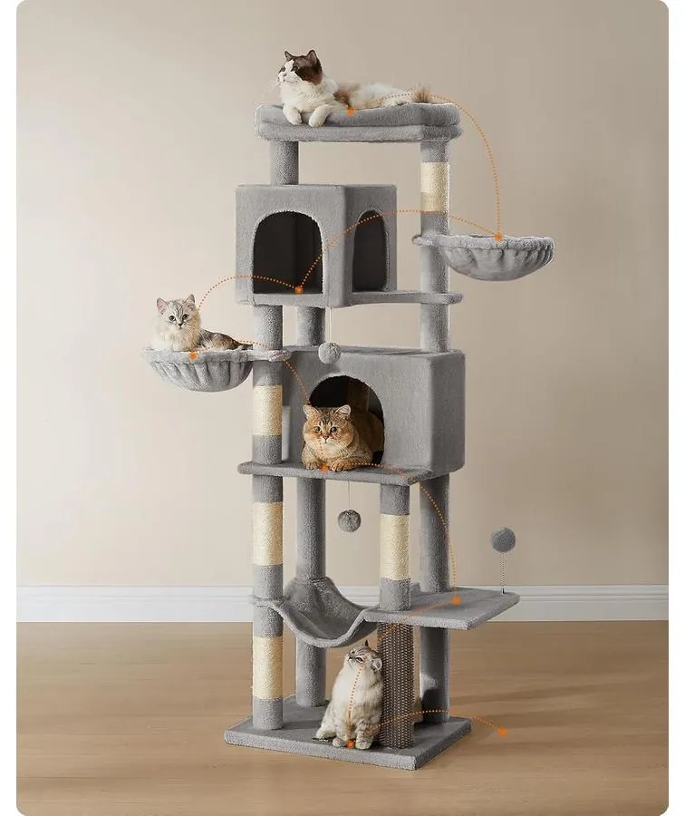 Feandrea nagy macskafa, 175 cm magas macskatorony szürke színben