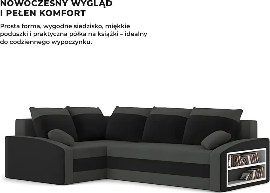 Grande sarokkanapé polcokkal , polc a jobb karfaban, baloldali, szövet anyag, bonell töltet, szürke - fekete