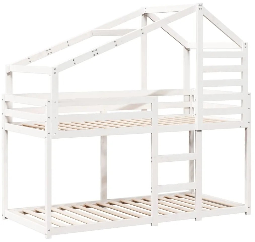 fehér tömör fenyőfa ágy emelettel és tetővel 90 x 190 cm