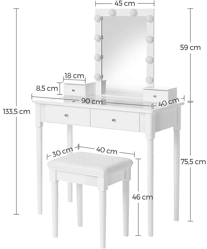 Fésülködőasztal szett, Öltözőasztal párnázott székkel és 10 állítható fényerősségű lámpával, 90 x 133,5 x 40 cm, fehér
