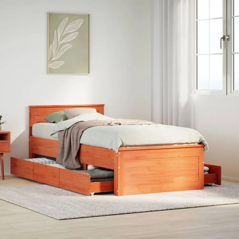 barna tömör fenyőfa fejtámlás ágykeret matrac nélkül 75x190 cm