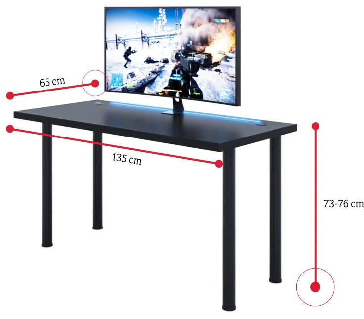 CODE X2 Számítógépasztal + LED, 135x73-76x65, fekete/fekete lábak + USB HUB