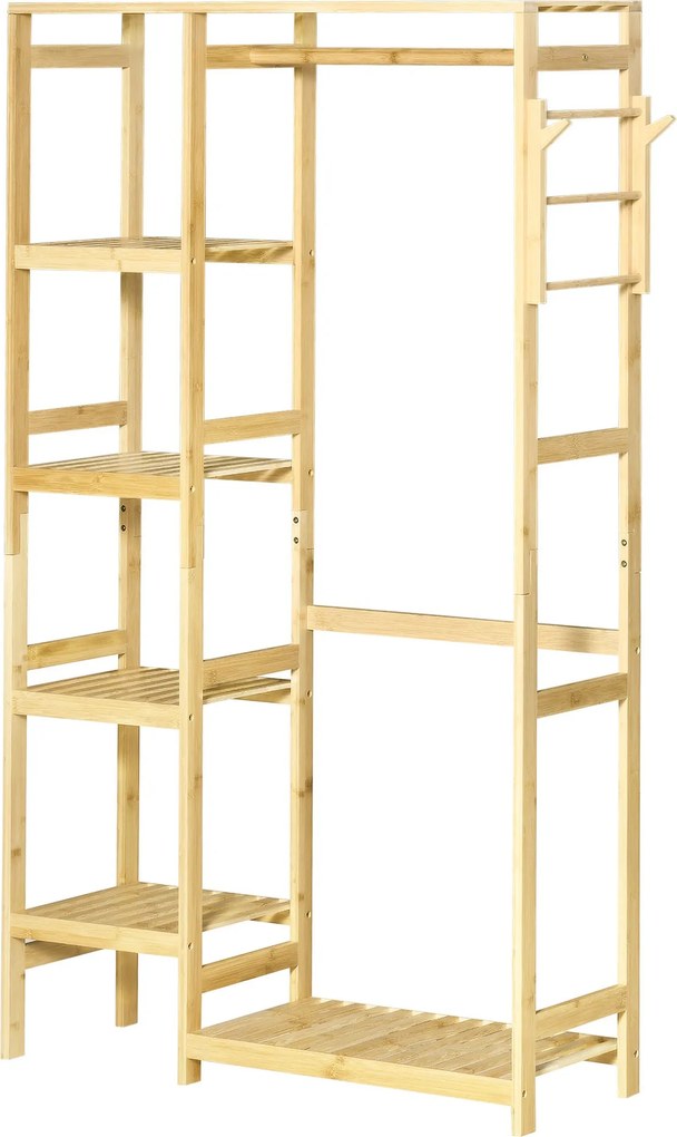 HOMCOM Bambusz Kabátállvány 4-Tier Polccal, Alsó Rúddal és Oldalsó Akasztókkal, Táskáknak, Ruháknak, Hálószobába 90x30x155 cm Természetes | Aosom
