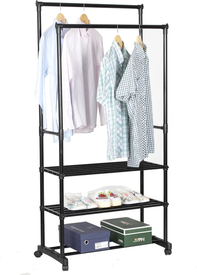 Kétsoros akasztó polcokkal, fekete, TIRUS