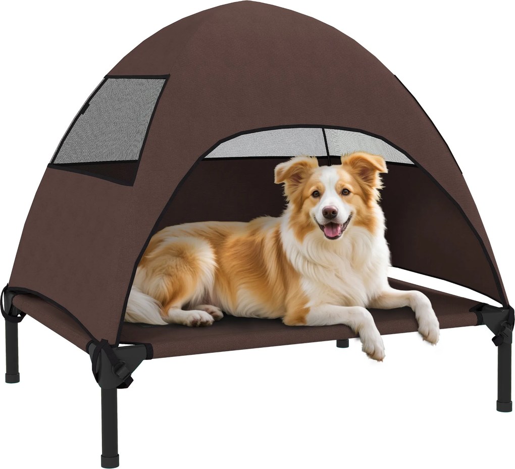 PawHut Külső Kutya Pihenő Tetővel, Magasított Kutya Ágy Közepes Kutyák Számára, Hűtő Háziállat Pihenő Mosható Háló Fém Vázsák, Kültéri Kutyafekhely 76