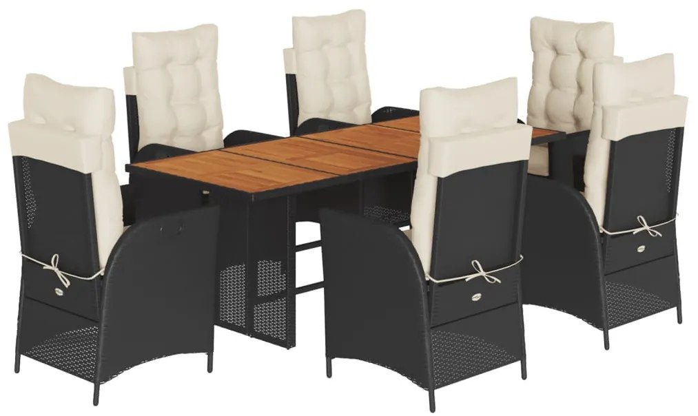 7 részes fekete polyrattan kerti étkezőgarnitúra párnával