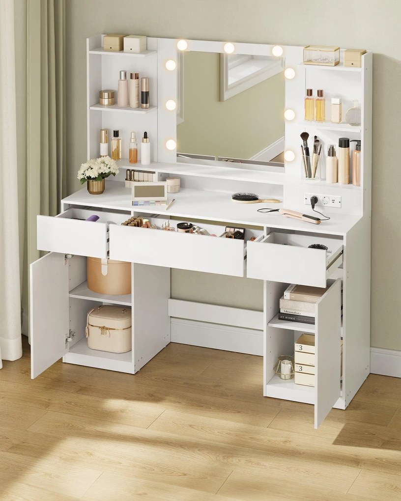 KAILYN Fésülködő asztal, tükrös sminkasztal LED világítással puffal és 2 szekrénnyel