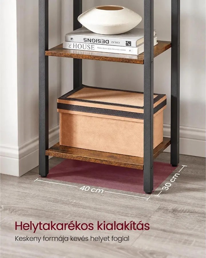 6 szintes könyvespolc, nyitott polcok, álló polc, 40 x 30 x 187,5 cm, rusztikus barna és fekete