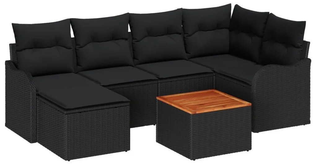 7 Darabos Kerti Sofa Szett Párnákkal Fekete Poli Rattan Akáciával, 2-Személyes Kerti Sofa Tárolóval &amp; Párnákkal Fekete Poli Rattan
