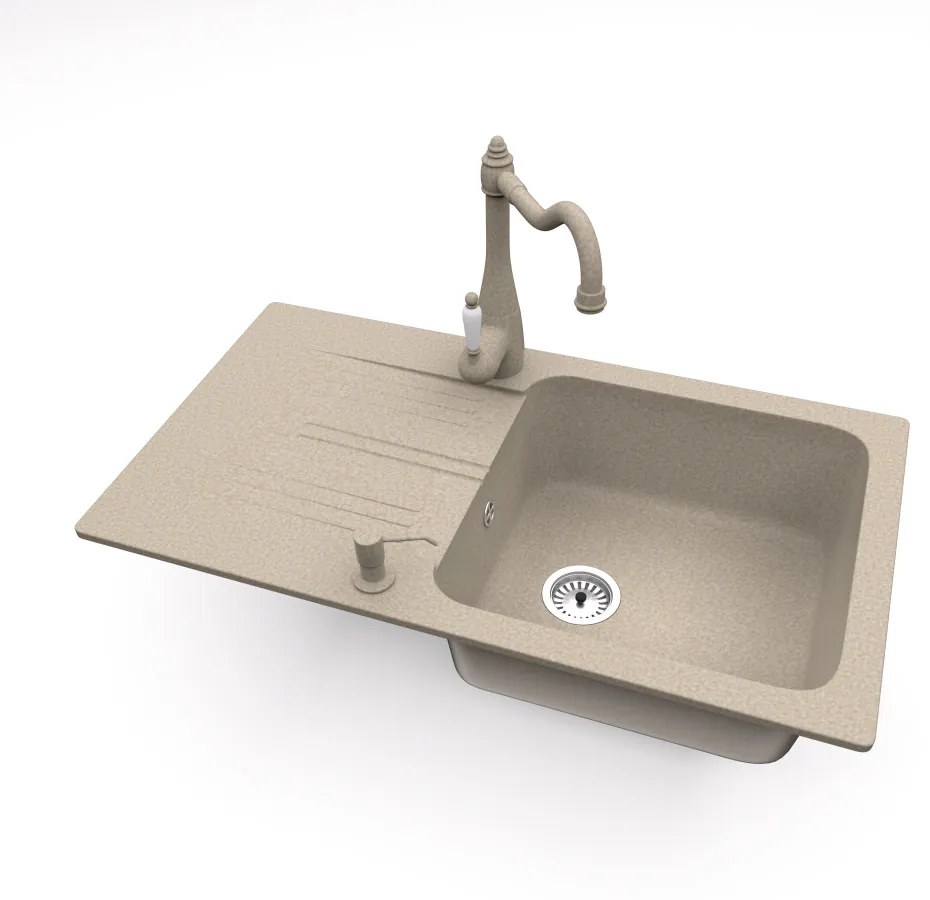 Gránit mosogató NERO Malta + rusztikus csaptelep + adagoló (bézs)