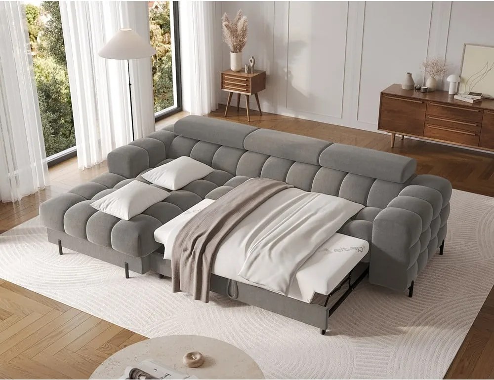 Szürkésbarna bársony kinyitható-tárolóhelyes sarokkanapé (bal oldali-heverő résszel) Felro – ELTAP