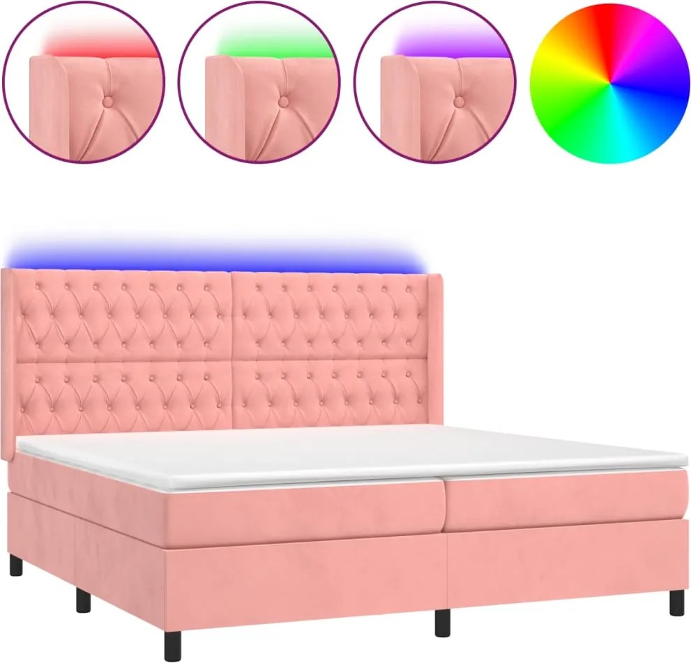 vidaXL rózsaszín bársony rugós és LED-es ágy matraccal 180x200 cm