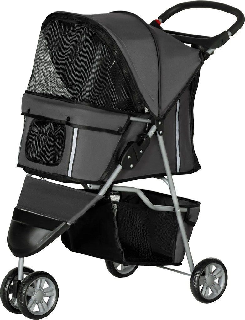 PawHut Kutya Babakocsi Összecsukható Macska Babakocsi Párnával Hálós Ablakokkal Pohártartóval Tároló Táskával Sötétszürke | Aosom