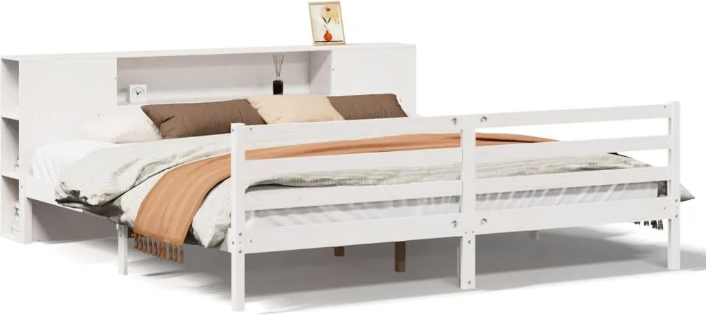 vidaXL fehér tömör fenyőfa könyvespolcos ágy matrac nélkül 200x200 cm