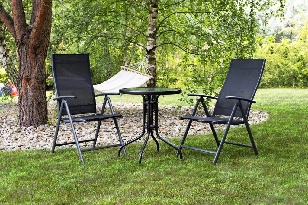 Kerti asztal, MultiGarden SC-070, fekete, kerek, átmérő: 60 cm, magasság: 70 cm, edzett üveglap, porszórt acél váz, teherbírás: 60 kg