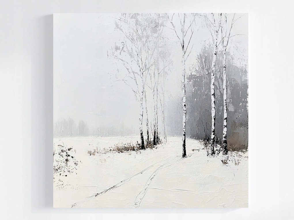 Vászonkép Canvas Tájkép Tél Hó Fák Nyírfák Reggel Út 80x80