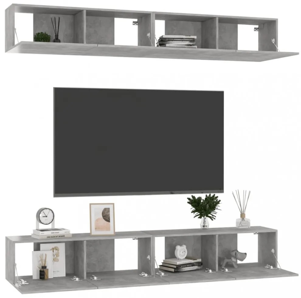 4 db betonszürke szerelt fa TV-szekrény 100 x 30 x 30 cm