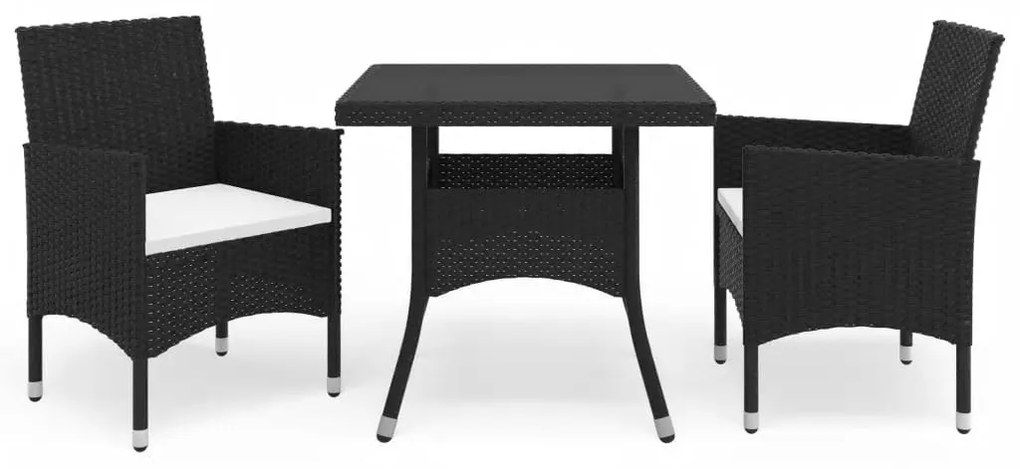 3 részes fekete polyrattan és edzett üveg kerti étkezőszett