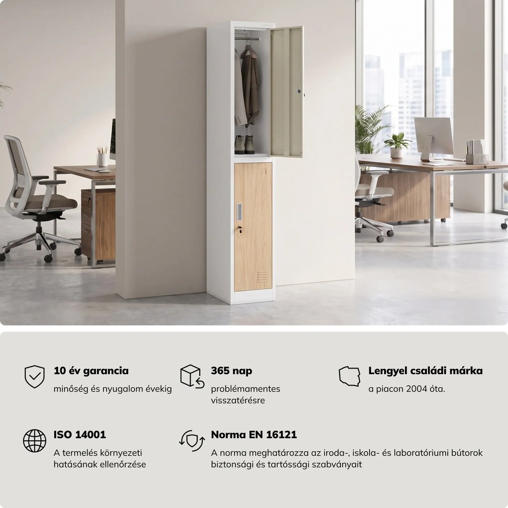 BHP öltözőszekrény, dolgozói, egyszemélyes, 2 rekesz akasztórúddal, fehér/Sonoma tölgy, 316,5x1850x450 mm: IGOR 1 Plus Eco Design