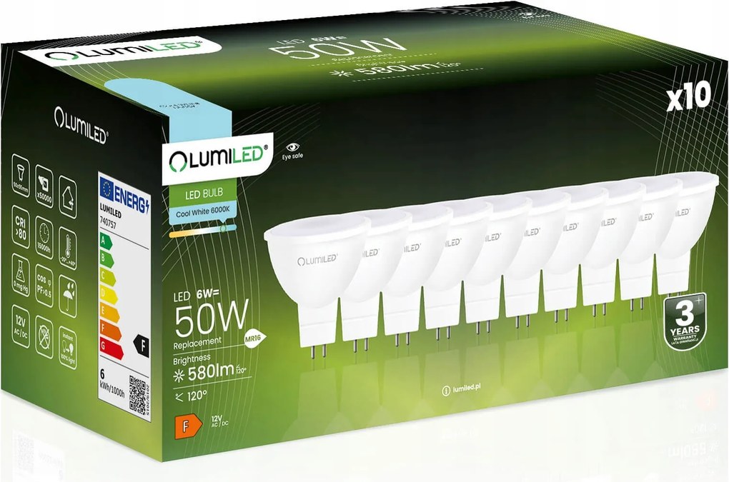 10x Led izzó GU5.3 Reflektor MR16 6W 580lm 6500K Hideg 120° 12V Lumiled