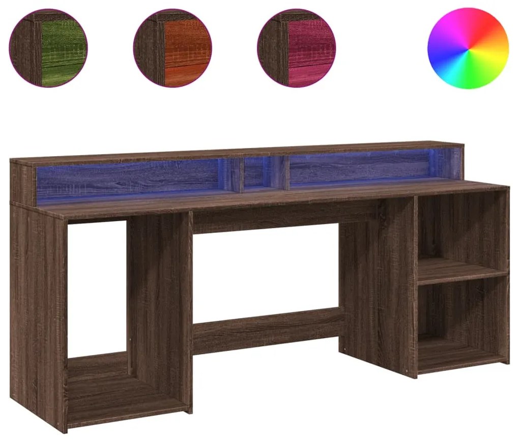 barna tölgy színű szerelt fa íróasztal LED-ekkel 200x55x91 cm