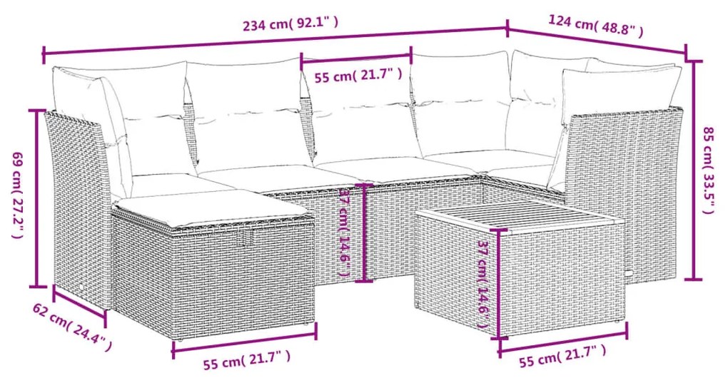 7 részes bézs polyrattan kerti ülőgarnitúra párnákkal