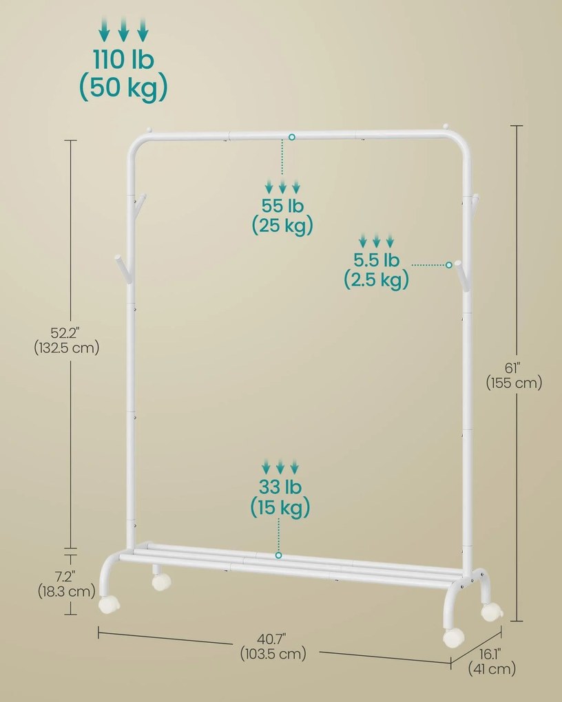 Ruhafogas kerekekkel és polccal, strapabíró fémváz, felhőfehér