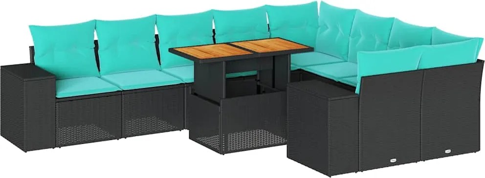 vidaXL 10 részes fekete polyrattan kerti ülőgarnitúra párnákkal