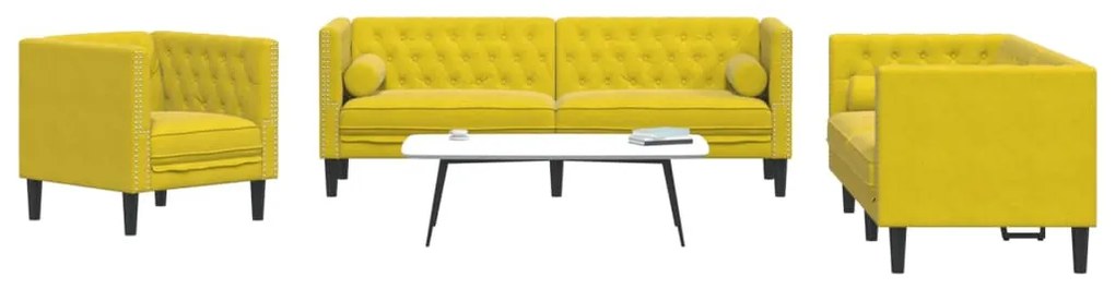 3 részes sárga bársony Chesterfield kanapészett hengerpárnákkal