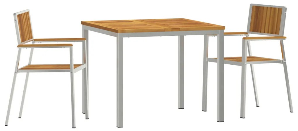 3 Darabos Kert Étkező Garnitúra Tömör Akácfából, Kültéri Étkezőasztal 90x90x74.5 cm Tömör Akácfából, Összecsukható Kert Székek 2 db Tömör Akácfa és Fém