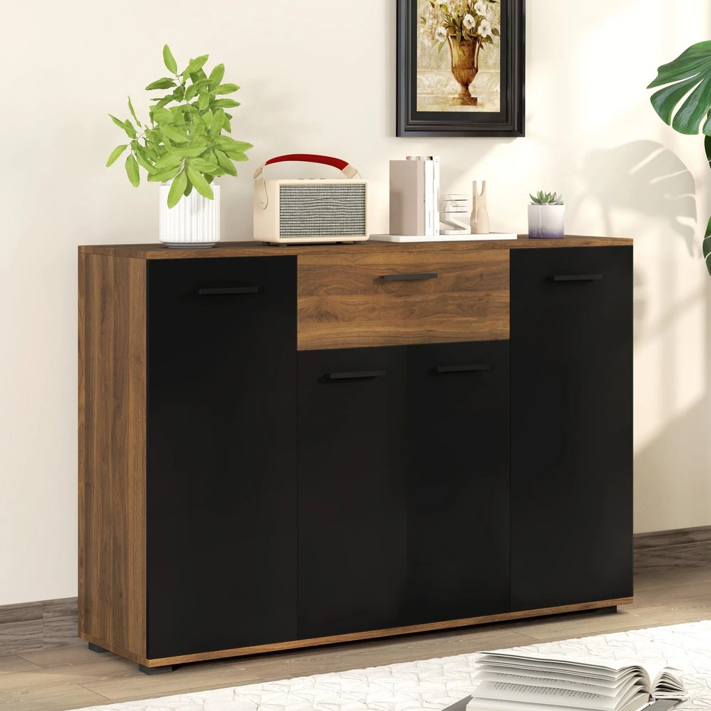 HOMCOM Barna és Fekete Buffet Tárolószekrény 4 Szekrénnyel, Fiókkal és Állítható Polcokkal, Mérete: 120 x 35 x 85 cm | Aosom