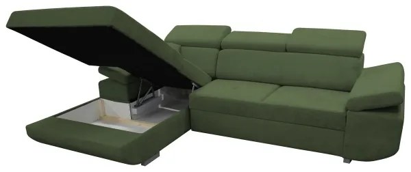 CASTELO L-alakú, ággyá nyitható sarokülőgarnitúra tárolóval, balos kivitel, zöld