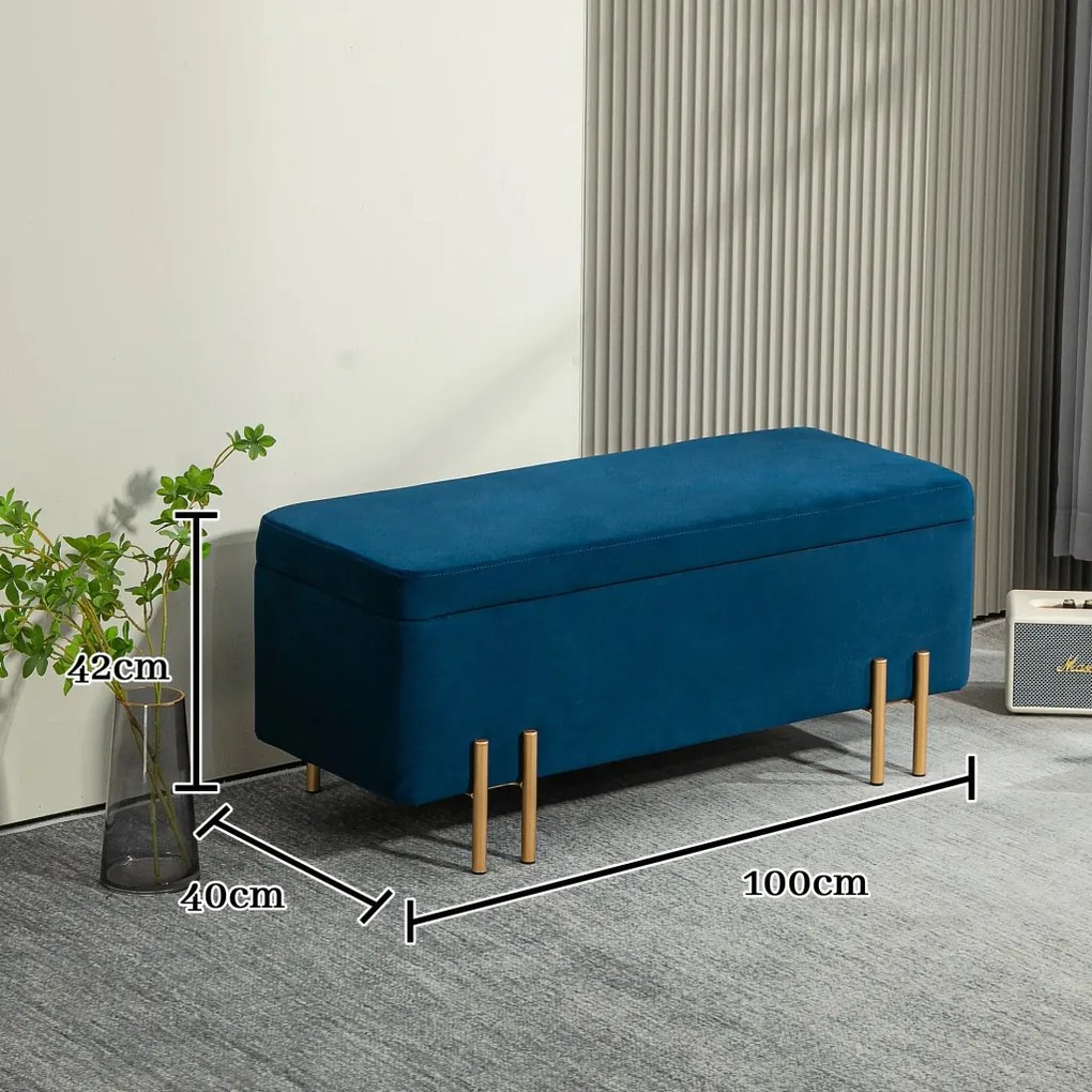 HOMCOM Pad, kárpitozott pad tárolóval, fém, kaucsukfa, habszivacs, 100 x 40 x 42 cm, sötétkék