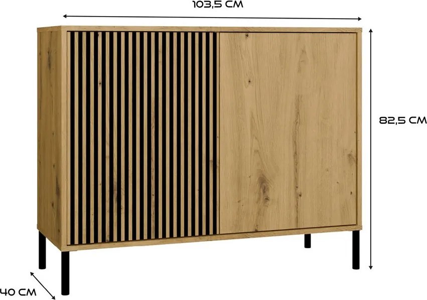 KAMARO 2D Slim komód 103.5x40x82.5 cm, tölgy-fekete