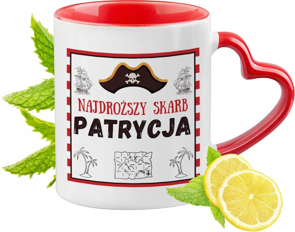 Piros bögre szív alakú füllel Patríciának Ajándék