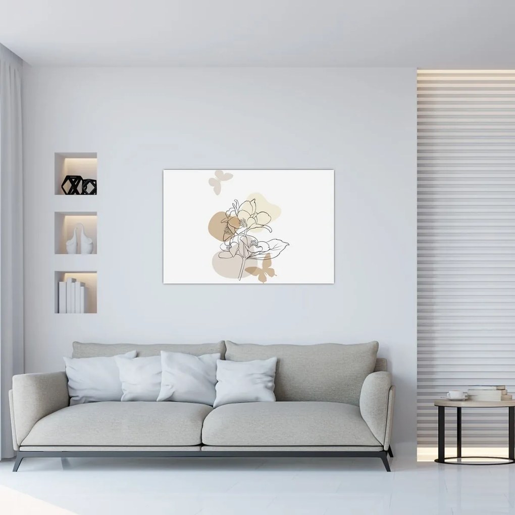Kép - Bézs virágok pillangóval N⁰1 (90x60 cm)