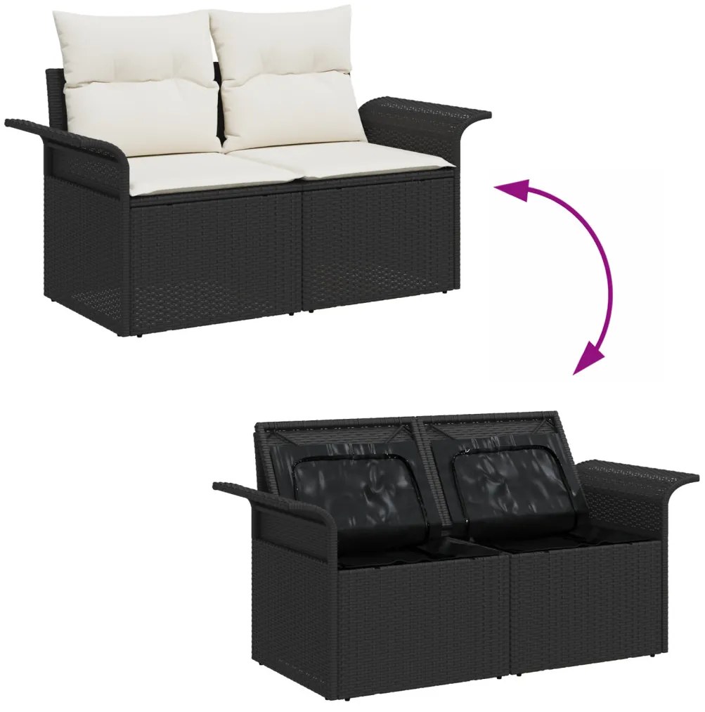 7 Darabos Kert Sofa Szett Párnákkal Fekete Poli Rattan