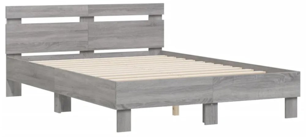 szürke sonoma színű ágykeret fejtámlával és LED-del 135x190 cm