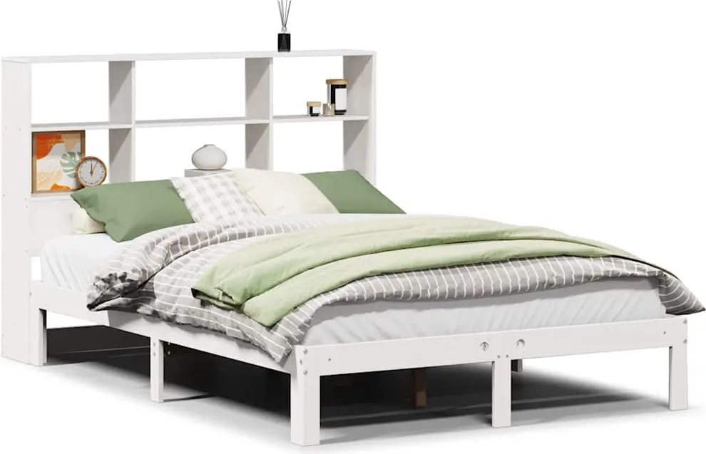 vidaXL fehér tömör fenyőfa könyvespolcos ágy matrac nélkül 160x200 cm