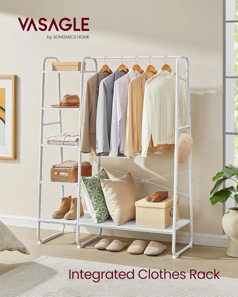 Ruhatartó állvány cipőtartóval, 5 szintes tárolópolccal, 45 x 120 x 160 cm, fehér