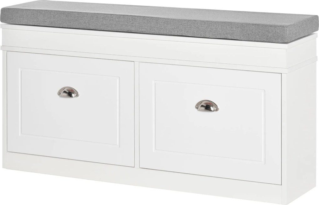 HOMCOM Cipőpad, Cipőtároló Pad 8 Pár Cipőhöz 2 Fiókkal, Állítható Polcokkal és Párnázott Üléssel Előszobába, Folyosóra 104x24x55 cm Fehér | Aosom
