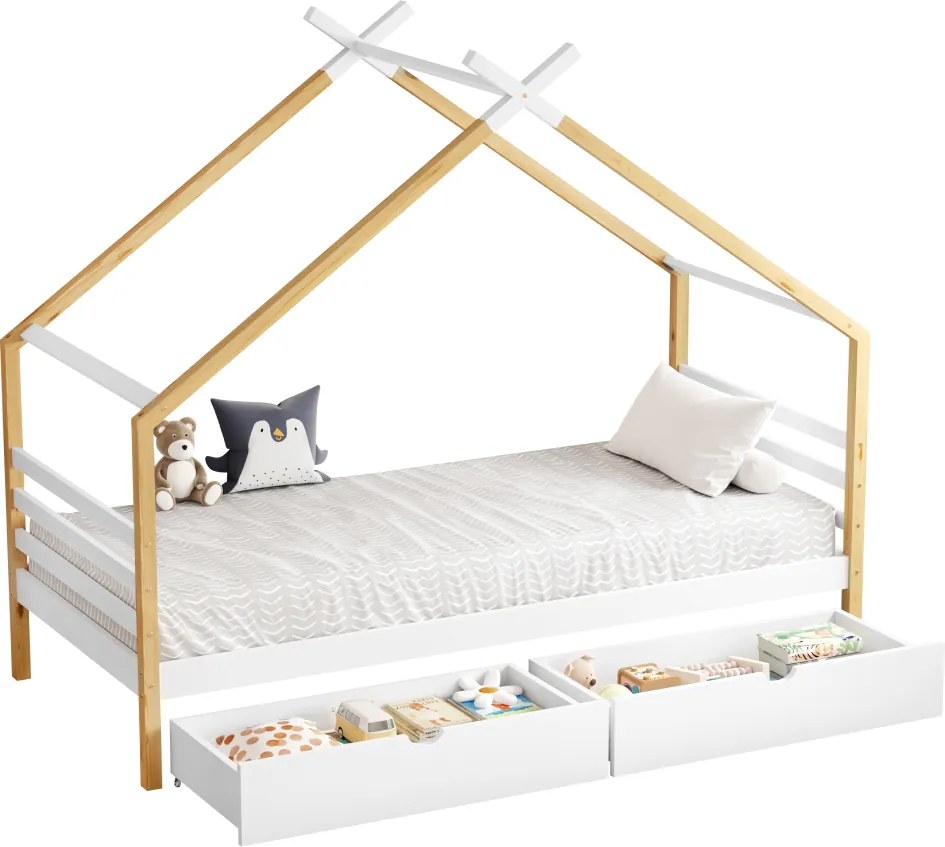 Montessori ágy, fehér/barna, 90x200, TARA