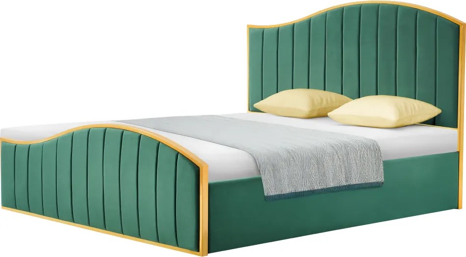 Ágy ráccsal, 160x200, zöld Velvet szövet/gold arany króm, GEORGIA