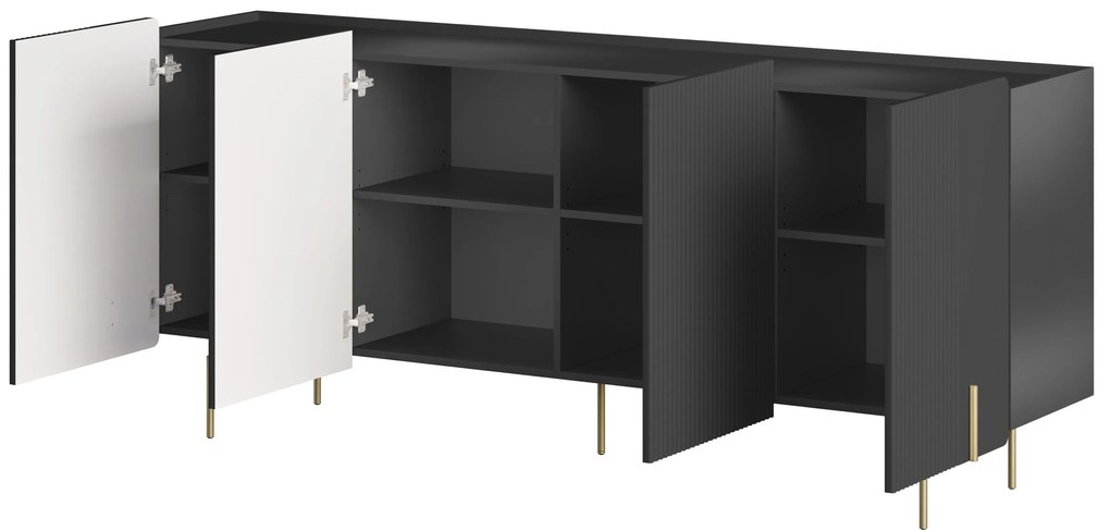 Malmi négyajtós komód 200 cm - matt fekete / arany lábak